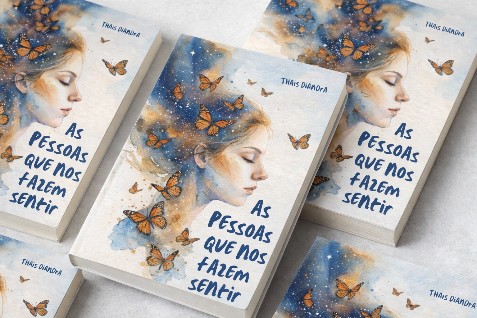 Mockup de múltiplos exemplares do livro As Pessoas que nos Fazem Sentir, de Thais Diandra